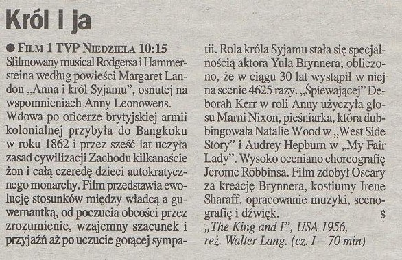 K - King and I Król i ja 1956 reż. Walter Lang, Deborah Kerr, ...Terry Saunders, Rex Thompson. Gazeta Telewizyjna 1 VI 1996.jpg